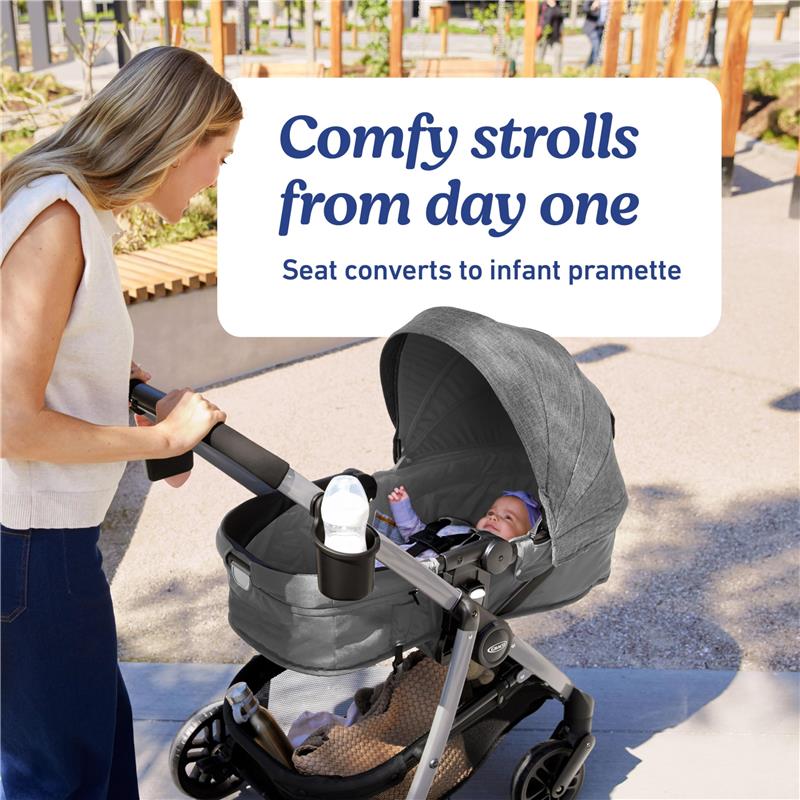 Graco Modes Pramette 3-in-1 Travel System in Ellington, featuring a baby securely seated and a woman pushing the stroller.