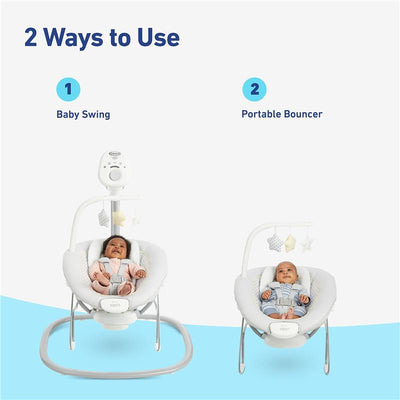 Graco Sway2Me Portable Baby Swing and Bouncer, displaying two modes: swing on the left and bouncer on the right, with infants in both.