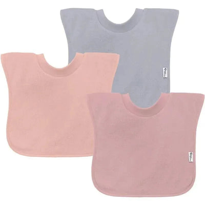 Three soft, stay-dry pull-over bibs in pink, light pink, and light blue designed for toddlers.