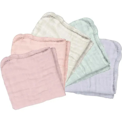 Absorbent organic cotton muslin cloths in a pack of five, featuring pastel colors: rose, beige, mint, lavender, and white.