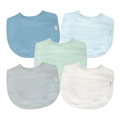 Five organic cotton muslin bibs in various colors including blue, mint, grey, and white, designed for babies.
