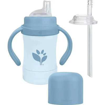 Blueberry-colored 6 oz Sprout Ware sip and straw cup with removable straw, silicone lid, and handles for easy grip.