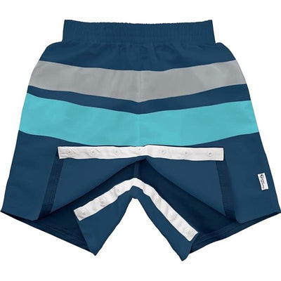 Navy, aqua, and gray colorblock swim trunks with snap button fasteners, designed for easy change and comfort.