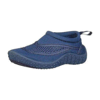 Navy water shoes for baby boys with flexible rubber soles and breathable mesh upper for comfort and support.