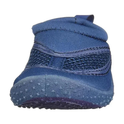 Navy blue baby boy water shoe featuring a stretchy, mesh upper and a textured rubber sole for grip.