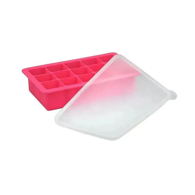 Pink silicone freezer tray for making and storing baby food, featuring twelve compartments and a clear lid.