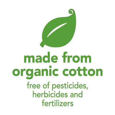 Made from organic cotton, free of pesticides, herbicides, and fertilizers.
