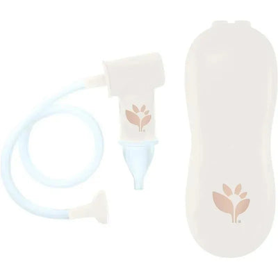 Nasal aspirator tube with a clear flexible hose, designed for infant nasal clearing, featuring a floral logo.