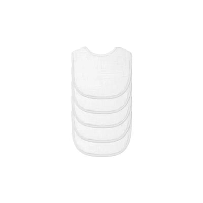 Five-pack of white organic cotton muslin bibs for infants, suitable for ages 0-12 months.