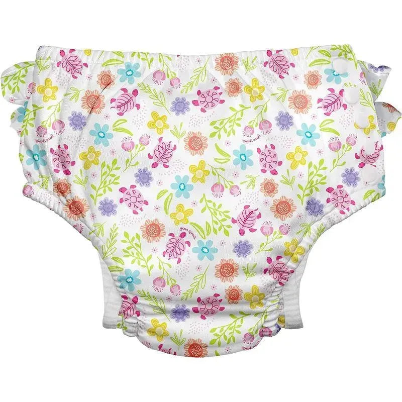 Green Sprouts - Reusable Eco Snap Ruffled Swim Diaper, White Turtle Floral Image 1