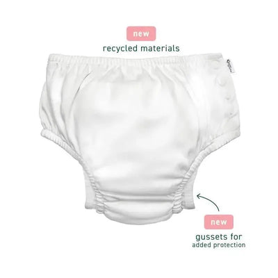 Reusable eco-friendly swim diaper in aqua color, featuring recycled materials and gussets for added protection.