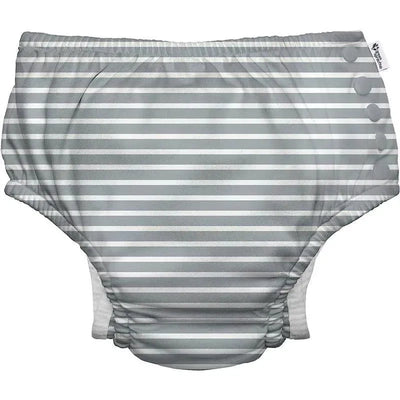 Reusable eco-friendly swim diaper with grey stripes, featuring a snug fit and snap buttons.