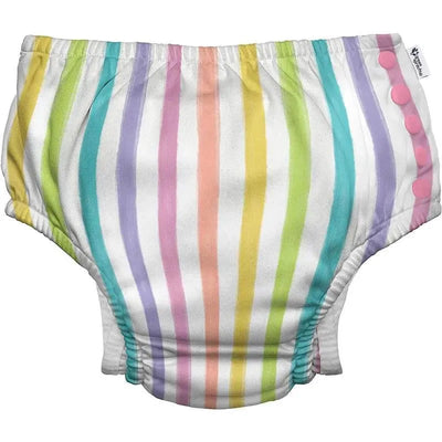 Reusable eco-friendly swim diaper featuring vibrant rainbow stripes and snap closure.