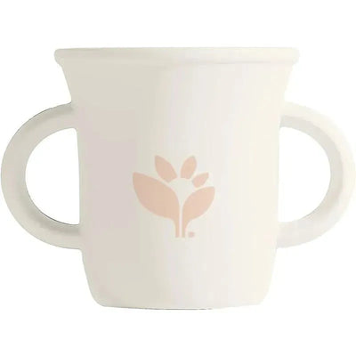 Silicone learning cup, light spice color, features two handles and a floral logo design.