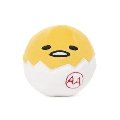 Gudetama Round Squish Plush toy featuring a soft, round egg design with a yellow top half and a white bottom, displaying a sleepy face.