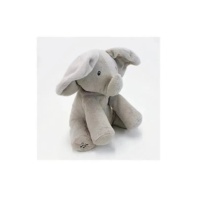 Plush 12-inch gray elephant toy with large ears and embroidered features, sitting upright.