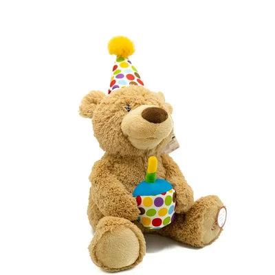 Gund Happy Birthday Plush Toy, a light brown bear wearing a party hat, holding a colorful cake toy.