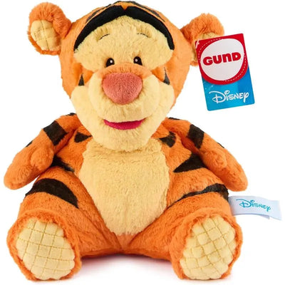 Plush Tigger toy by Gund, featuring orange fur, black stripes, and expressive facial features, branded with Disney tag.