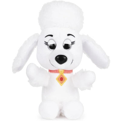 Mini plush toy of Dolores from Paw Patrol, white fur, black eyes, and wearing a red collar with a yellow pendant.