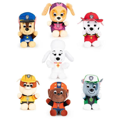 Paw Patrol mini plush toys, including characters like Chase, Marshall, and Skye, in various colorful outfits.