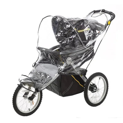 Weather shield cover for H.I.S. Jeep jogging stroller, designed for universal fit, made of clear plastic with a black frame.