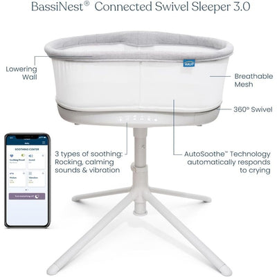 HALO BassiNest Connected Swivel Sleeper 3.0 in grey, featuring a lowering wall, breathable mesh, and mobile App for soothing options.