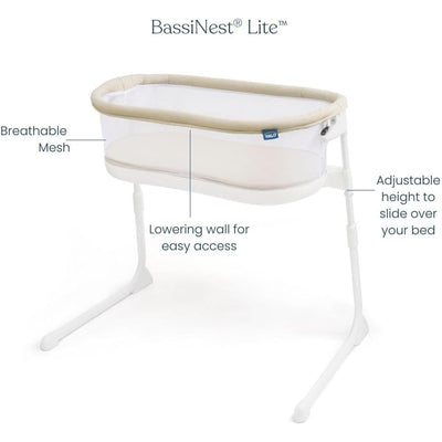 HALO BassiNest Lite in Oat features a breathable mesh design with a lowering wall for easy access and adjustable height.