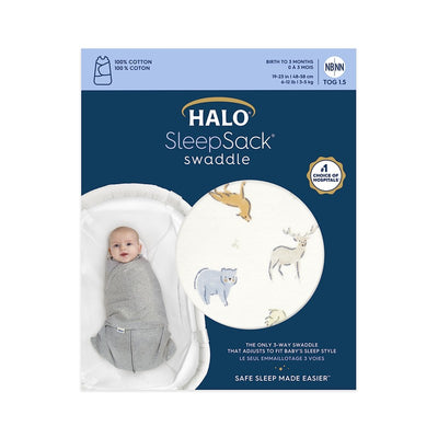 HALO SleepSack Swaddle made of 100% cotton, featuring a forest friends design, suitable for infants 0-3 months.