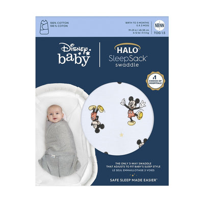 HALO SleepSack Swaddle in 100% cotton features a gray swaddle with a round inset showing a Mickey Mouse pattern, suitable for infants.