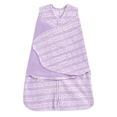 Micro-fleece HALO SleepSack Swaddle in heart pattern, sized small, designed for safe and cozy sleep for infants.