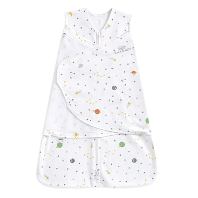 HALO SleepSack Swaddle in 100% cotton, 1.5 TOG, featuring a space-themed design with planets and stars.