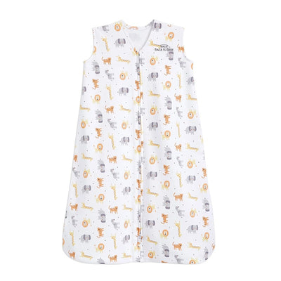 Wearable blanket featuring a jungle animal print, designed for babies; made of 100% cotton, 0.5 TOG, size small.
