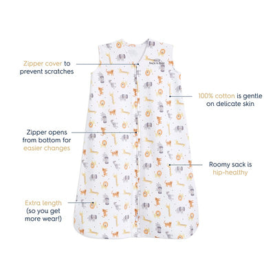 HALO SleepSack wearable blanket in jungle print, 100% cotton, featuring a zipper for easy changes and a hip-healthy design.
