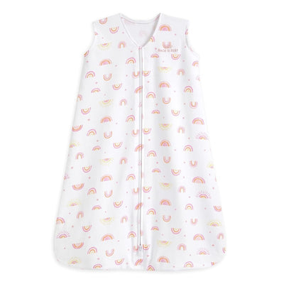 HALO SleepSack Wearable Blanket in cotton, featuring a pattern of colorful rainbows and suns, with a front zipper.