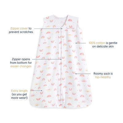 HALO SleepSack Wearable Blanket, 100% cotton, 0.5 TOG, features rainbow design, zipper for easy changes, and gentle fabric.