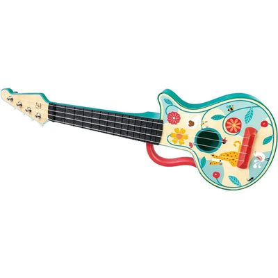 Colorful wooden ukulele with flower and animal designs, part of the Hape 4 in 1 Kids Instrument Set.