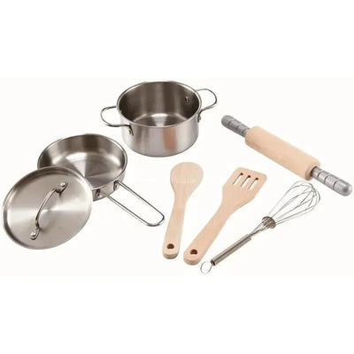 Wooden cooking kit for kids featuring a stainless steel pot, wooden utensils, a rolling pin, and a whisk.