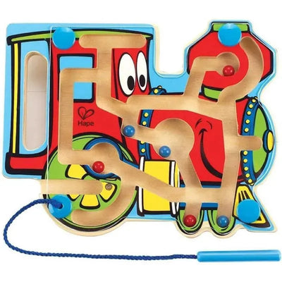 Colorful wooden maze puzzle in the shape of a train, featuring various colored balls that navigate through the maze.