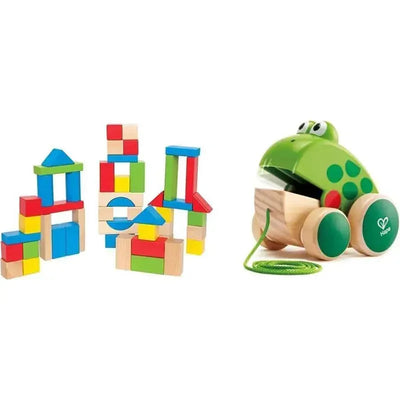 Colorful wooden building blocks in various shapes next to a green frog-shaped pull toy by Hape.