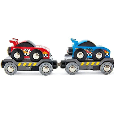 Red and blue wooden race cars mounted on a black transporter with rolling wheels, designed for play and transport.