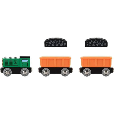 Railway Diesel Freight Train set from Hape, featuring a green engine, two orange wagons, and coal pieces.