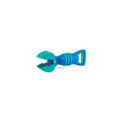Bright blue grabber toy designed for sand and beach play, featuring a claw-like mechanism for picking up objects.
