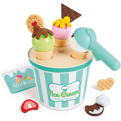 Colorful scoop and serve ice cream set with three ice cream cones, scooper, and accessories, displayed in a tub.