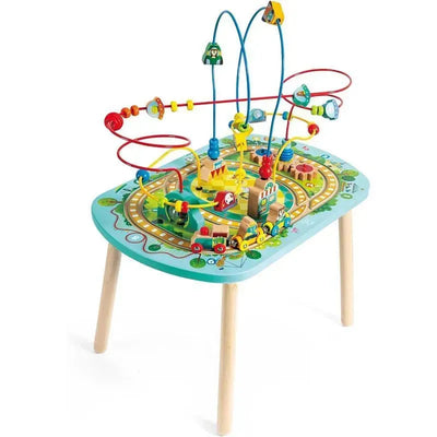Colorful Hape Twisting Railway Maze Table featuring tracks, wooden vehicles, and playful bead mazes for children.