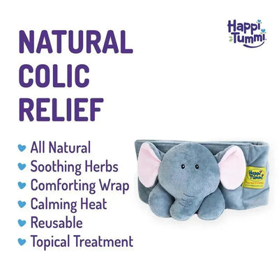 Happi Tummi Elphi waistband features a soft elephant plush and offers natural colic relief with soothing herbs, reusable for calming heat.