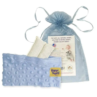 Blue Happi Tummi aromatherapy wrap for babies beside two white inserts and an informational card in a blue pouch.