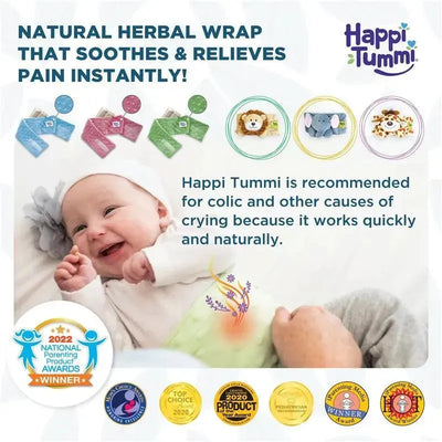Pink Happi Tummi aromatherapy wrap for babies on an infant, promoting relief for colic and gas with visible awards and product details.