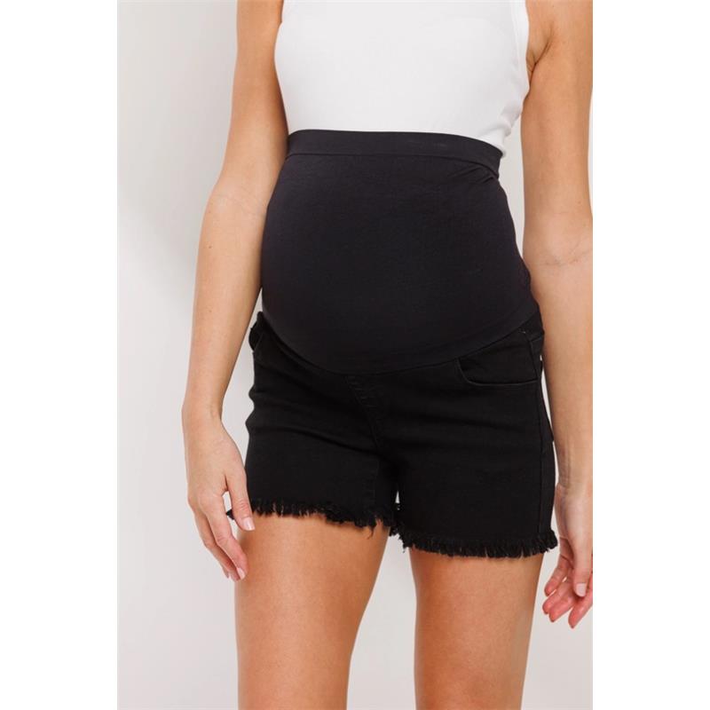 Hello Miz Frayed Denim Maternity Full Panel Shorts, Black Image 3