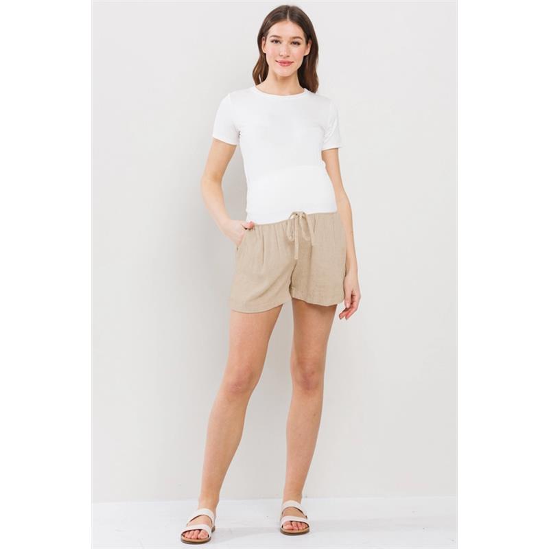 Hello Miz Linen Blend Maternity Shorts with Elastic Band Khaki Image 4