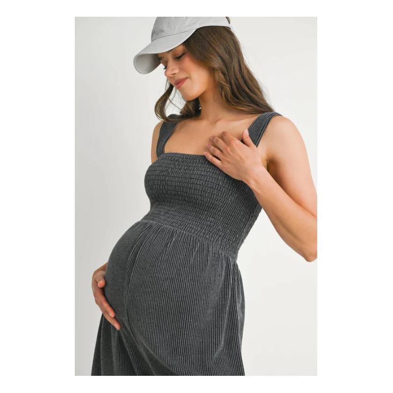 Hello Miz Ribbed Smocked Maternity Knit Romper, Charcoal Image 4
